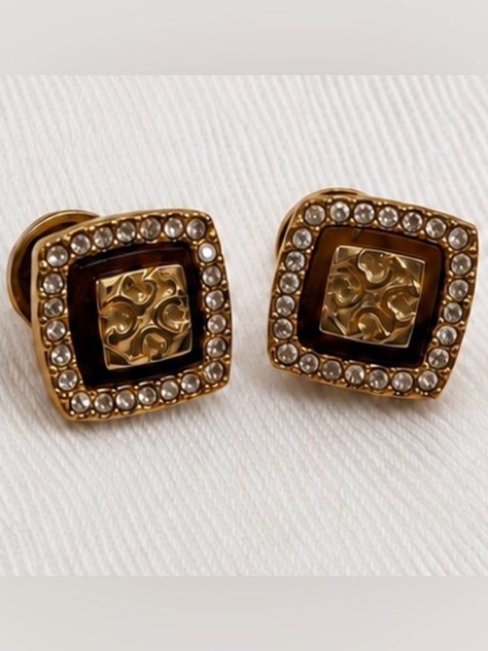 Tory Burch Resin Square Logo Pavé Stud Earrings | Gold Tone | Tortoise